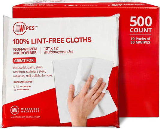 Mwipes Lint Free Cloth - 12" x 12" 500 Pack, Highly Absorbent Disposable Microfiber Wholesale Cleaning Cloths for Industrial, Medical, Staining, Cast Iron, Woodworking, Makeup, Nail Polish