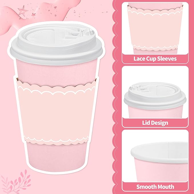 NatNarr 60 Pack Pink Coffee Cups with Lids Sleeves, 12oz Insulated To Go Paper Cups Pink Party Cups Disposable Paper Cups, Drinking Cups for Wedding Birthday Baby Bridal Shower Party Supplies