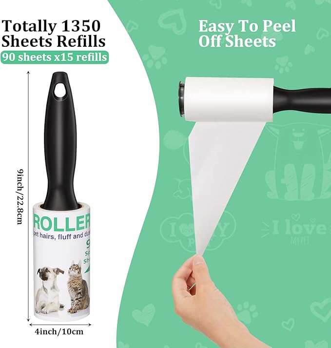 1350 Sheets Lint Rollers for Pet Hair Extra Sticky Remover for Pet Hair, Couch, Clothing, Furniture, Carpet and More, 5 Handles 15 Rolls of Lint Roller Refill, 90 Sheets Per Roller