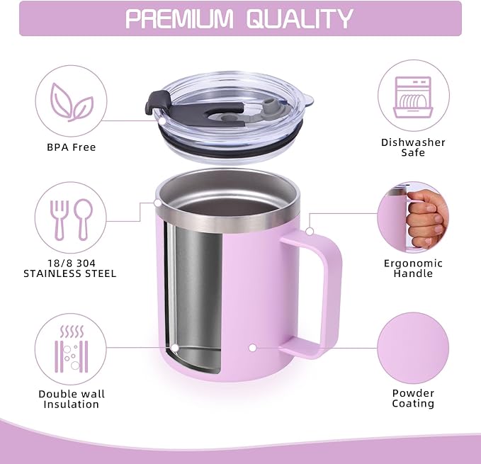 Volhoply 12oz Insulated Leakproof Coffee Mug with Flip & Straw Lid Bulk 4 Pack,Double Wall Vacuum Stainless Steel Travel Tumbler Cup with Handle,Camping Mugs Keep Cold/Hot(Purple,4 Set)
