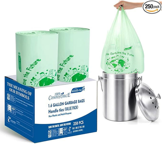 BEIDOU-PAC 1.6 Gallon Compostable Trash Bags with Handle, 250 Count Small Compost Bags, Biodegradable Kitchen Garbage Bags, Food Scrap Waste Bags for Countertop Bin, ASTM D6400, US BPI Certified