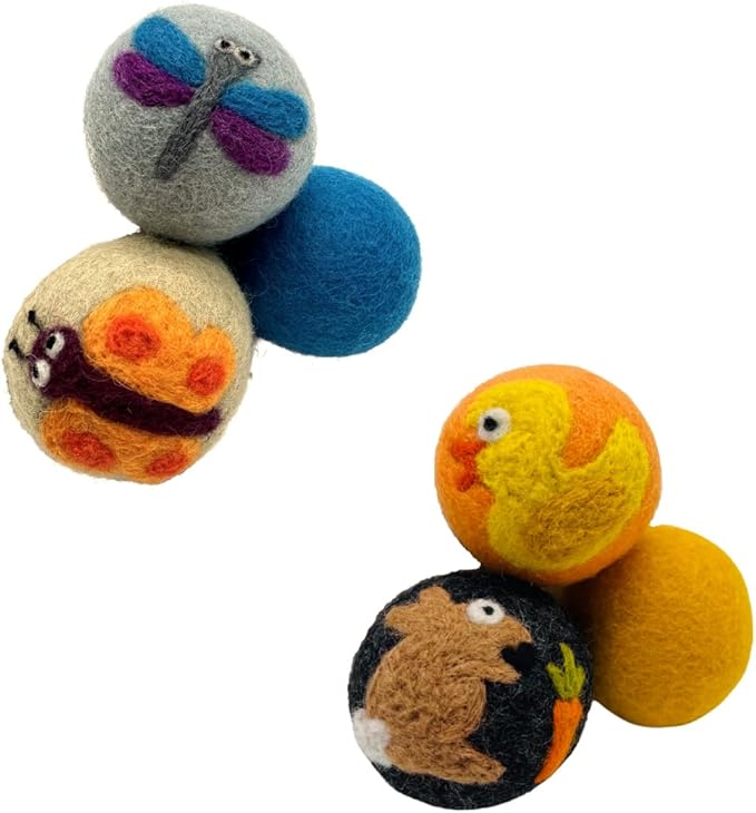 Hustle & Blush Wool Felt Balls 6 Pack, Love Ewe Pet Supplies - 2 inch Felted Wool Cat Toys Dragonfly & Duck, 100% New Zealand Wools Felt Cat Toys Handmade Wools Felts Balls - Cats Felts Ball