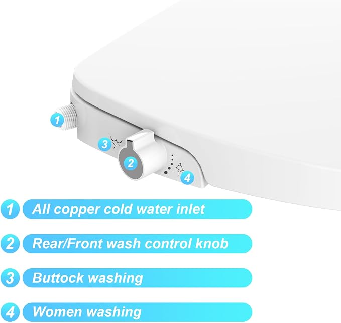 Bidet Seat for Toilet Elongated Non Electric, Dual Nozzle Bidet Toilet Seat with Adjustable Water Pressure, Easy Install PP Toilet Seat for Personal Hygiene and Bathroom Upgrade