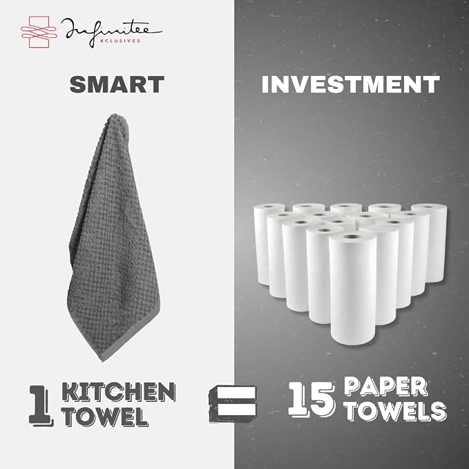 Infinitee Xclusives Kitchen Towels Bundle - Pack of 6 Grey + Pack of 6 Red - Soft Absorbent Cotton Dish & Cleaning Towels Set