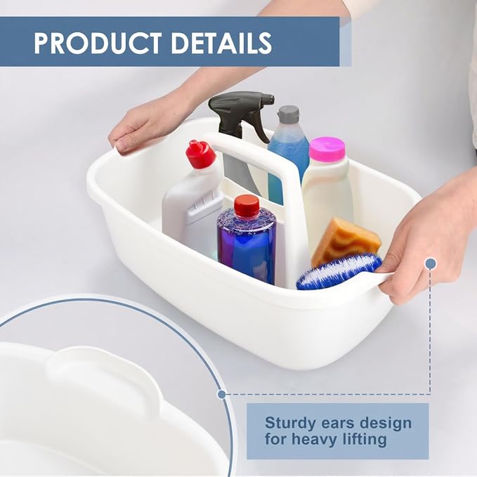 2 Pack Cleaning Supply Caddy with Handle, Portable Shower Caddy Organizer Plastic Basket with Handle, Stackable Tool Storage for Bathroom, Garden, Kitchen, Home Organization, White