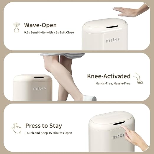 MRBIN Automatic Adsorption Metal Trash Can for Bathroom, Touchless Garbage Bin with Lid, 4.8 Gallon Slim Trash Can for Office and Bedroom, Kitchen Electric Motion Sensor Waste Basket, Cream White