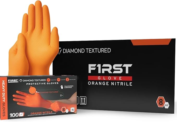 First Glove 8 Mil Heavy Duty Nitrile Gloves - Diamond Grip - Disposable Gloves for Mechanic, Automotive & Industrial Work