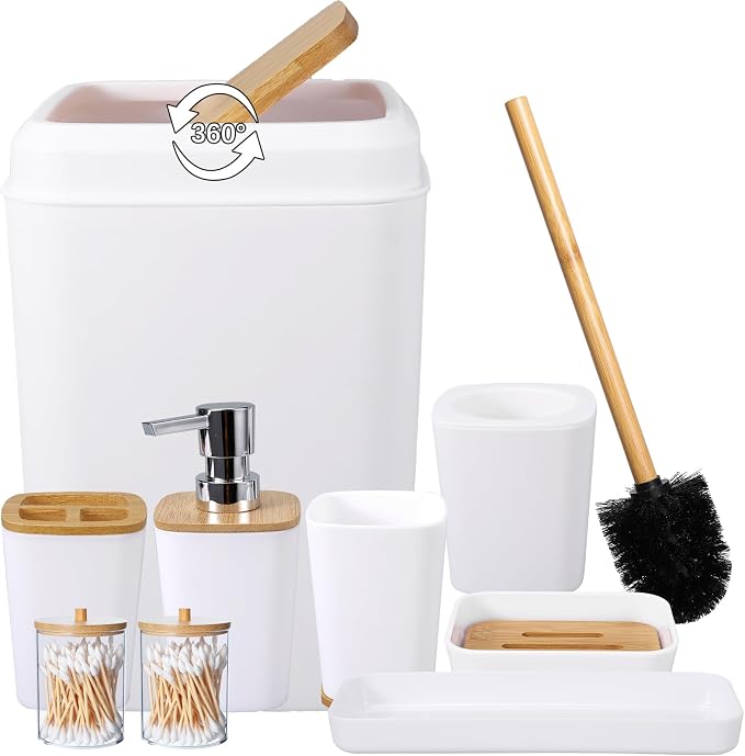 White Bathroom Accessories Set, 9 Piece Bathroom Accessory Set with Trash Can,Toothbrush Holder,Toothbrush Cup,Lotion Soap Dispenser,Vanity Tray,Soap Dish,Toilet Brush,Qtip Holder