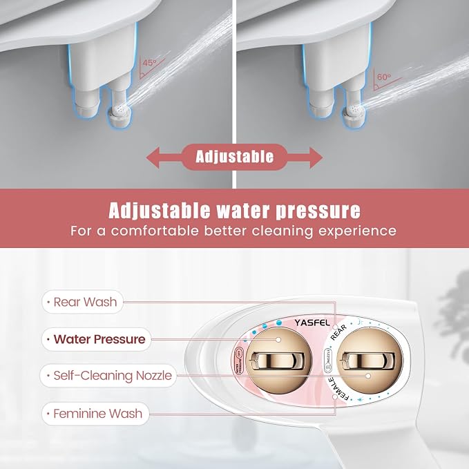 YASFEL Bidet Attachment for Toilet - Self-Cleaning Bidet with Pressure Controls, Non-Electric Cold with Dual Nozzles for Frontal/Rear Wash (Rose Gold)