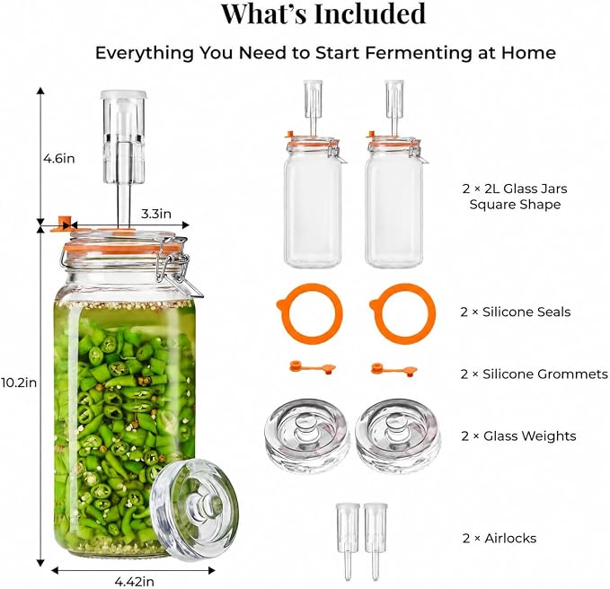2L Wide Mouth Fermentation Jars, Pack of 2 Complete Fermenting Kit with Airlocks & Glass Weights for Sauerkraut, Kimchi & Pickles
