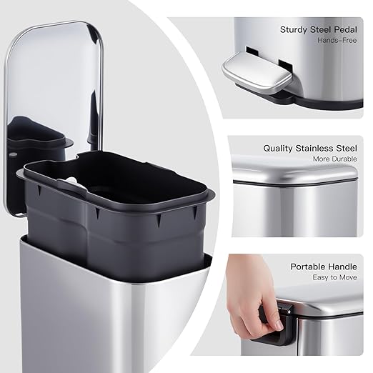 GlowSol Bathroom Trash Can with Lid, 1.3 Gallon 12 L Stainless Steel Step Trash Can with Removable Liner Bucket, Slim Small Wastebasket for Toilet Bedroom Office, Silver