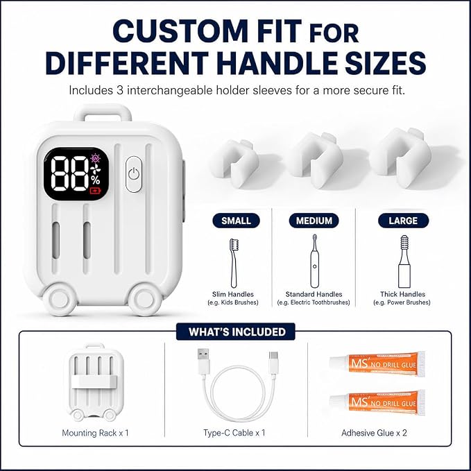 Toothbrush Sanitizer and Holder, Portable Toothbrush Sterilizer Case, Wall Mounted Toothbrush Holder for Bathroom, Travel Toothbrush Case, Rechargeable Cleaner with LED Display, White
