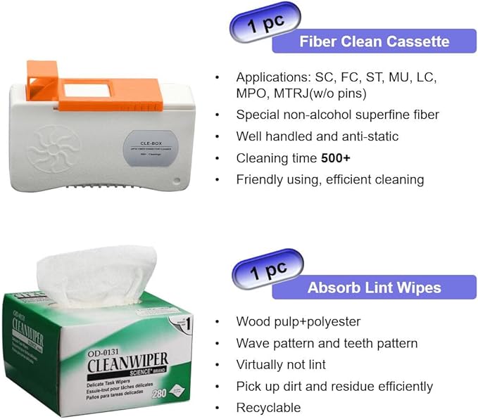 Fiber Optic Cleaning Kit Fiber Optic FTTH Cleaner Tools with 1.25mm / 2.5mm Fiber Optic Cleaner Pens and Cleaning Sticks Wipes for Cleaning FC SC ST LC MU Connectors