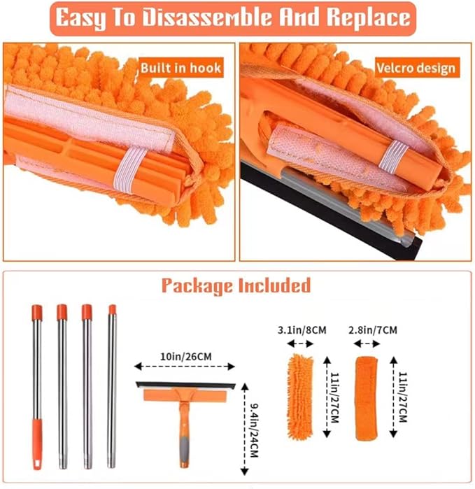 Window Squeegee Cleaner Kit - 2-in-1 Rotatable Window Cleaning Tool with Extension Pole, Professional Streak-Free Squeegee with Bendable Head for Indoor/Outdoor Windows & Car Glass (Orange, 38.45FT)