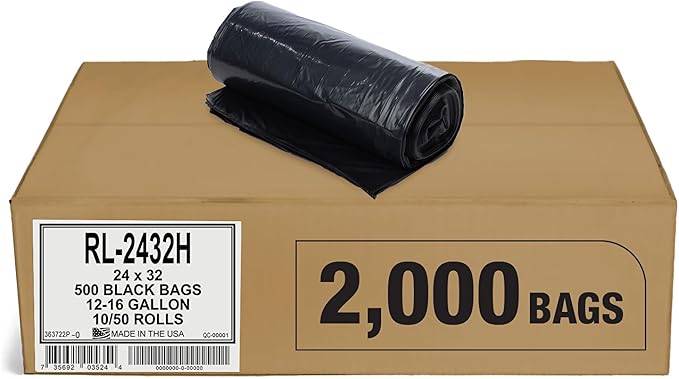 Aluf Plastics T-Tough Roll Pack Low Density Repro Blend Star Seal Coreless Rolls Bag, 12-16 Gallon 1.0 Mil, 32" Length x 24" Width, H Strength, Black (Pack of 2000)