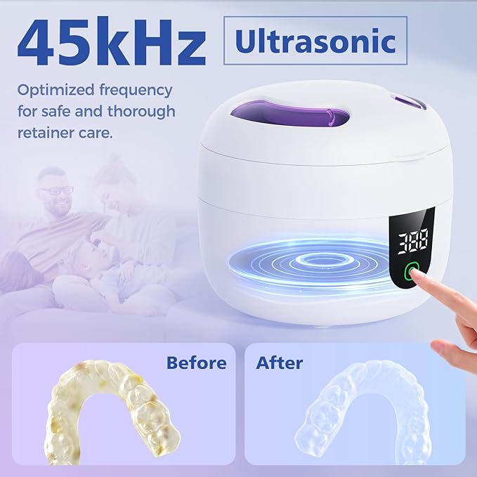 Waterproof Ultrasonic Retainer Cleaner Machine with 180ml Removable Water Tank – 45kHz Ultrasonic Cleaner for Mouth Guards, Jewelry, and Retainer Cleaner– Digital Timer, Smart Pause, Quiet to 30dB