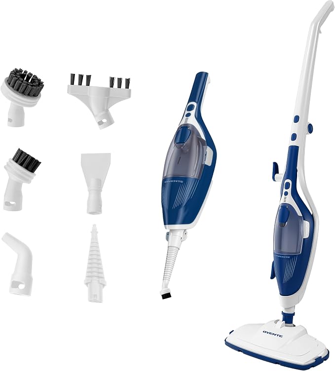 OVENTE 10-in-1 Steam Mop with Detachable Handheld Steamer, Foldable Handle and 400ml Removable Water Tank, MultiPurpose Home Cleaner for Tile Grout, Hardwood Floors, Carpet and Furniture, Blue ST505BL