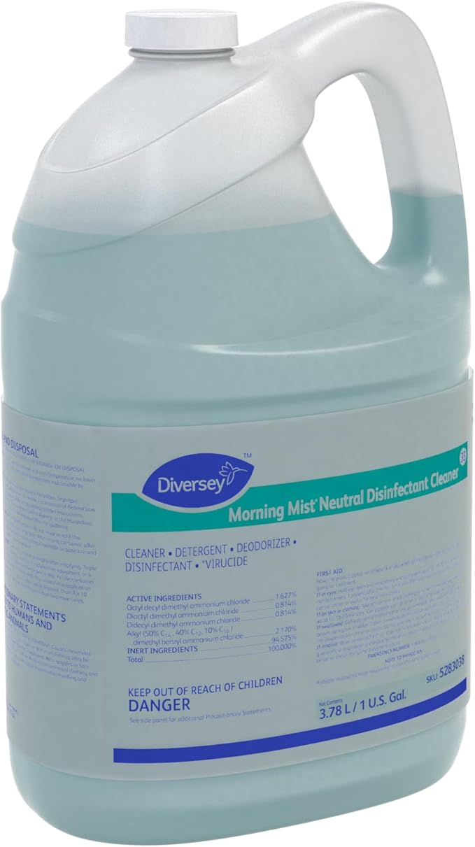 Diversey 5283038 Morning Mist Neutral Disinfectant Cleaner, Neutral pH Multi Surface Cleaner, Liquid Concentrate, Fresh Scent, 1-Gallon