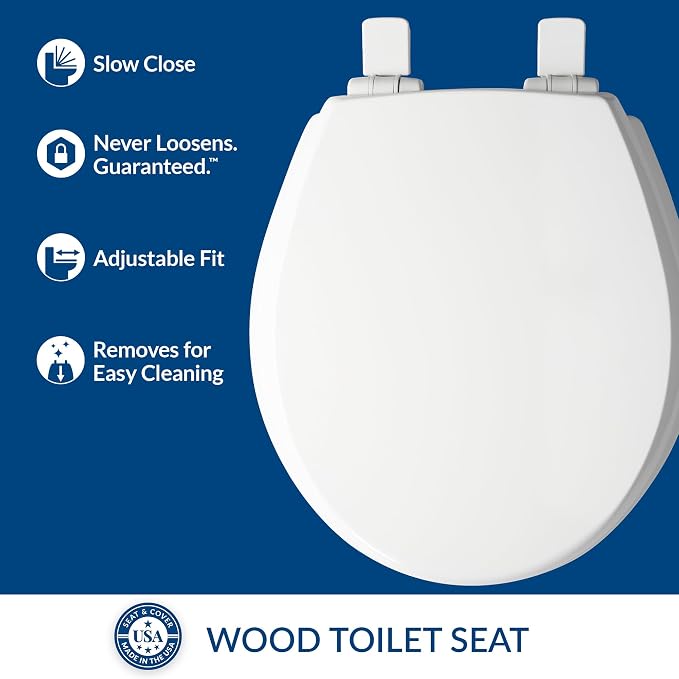 Mayfair Cassel Slow Close Toilet Seat, Easy Clean, Non Slip Premium Wood Seat, Easy Install, Made in USA, Round, White, 4-Pack
