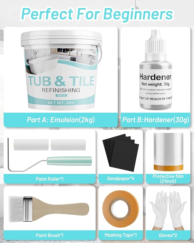 Tile Paint, 70 oz Tub and Tile Refinishing Kit with Hardener, Tub Paint for Bathtub Sink Bathroom Kitchen Countertop, Water Based & Low Odor, Semi-Gloss white, 100-110sq.ft