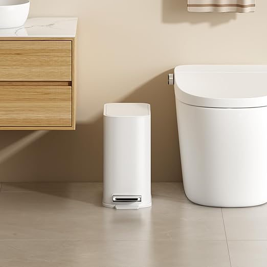 TIPGO Small Bathroom Trash Can with Lid Soft Close, Step Pedal, 1.3 Gallon / 5 Liter Stainless Steel Slim Garbage Can for Office, Diaper Waste Basket with Removable Inner Bucket (White)