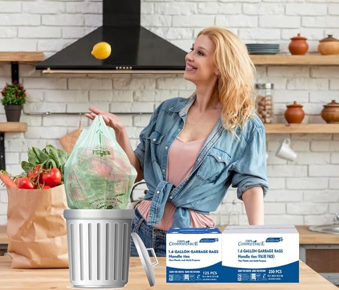 BEIDOU-PAC 1.6 Gallon Compostable Trash Bags with Handle, 250 Count Small Compost Bags, Biodegradable Kitchen Garbage Bags, Food Scrap Waste Bags for Countertop Bin, ASTM D6400, US BPI Certified