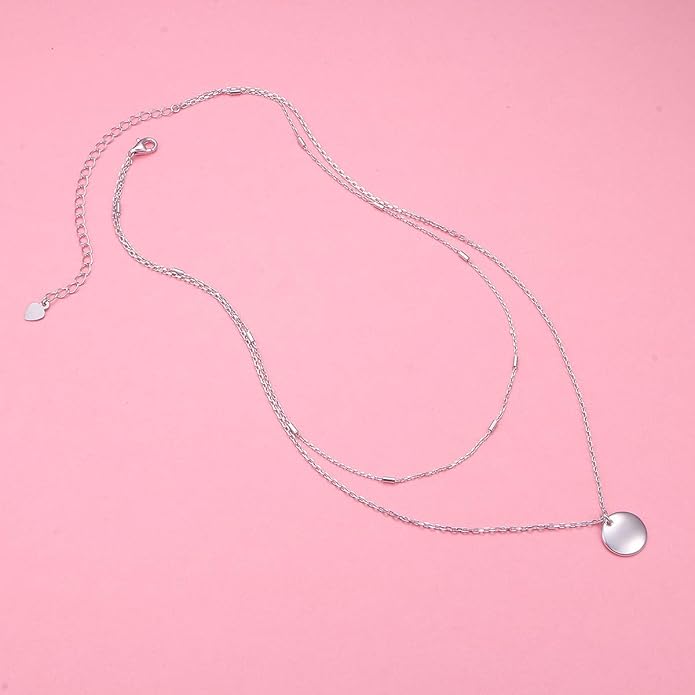 FLYOW Layered Choker Necklace S925 Sterling Silver Star Full Moon Daisy Flower Pendant Disc Jewelry Adjustable Clavicle Necklaces for Women Girls Birthday Gifts