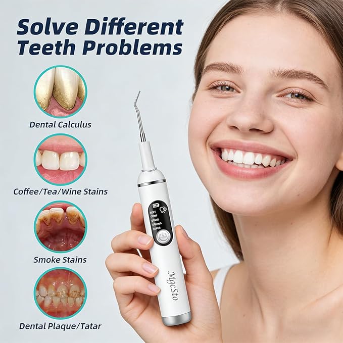 Ultimate Electric Teeth Cleaner - Ultrasonic Tooth Cleaning, Violet Light Protection, 316F Stainless Steel Heads, 5-Speed Modes, IPX6 Waterproof, Oral Care Kit with 11 Accessories‌ (White)