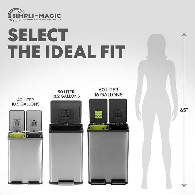 Simpli-Magic 16 Gallon (60L) Elegant Black Step Trash Can – Dual Compartment Kitchen Garbage Can with Waste & Recycling Bins – Slow-Close Lid, Odor Control, Hands-Free, Premium Stainless Steel