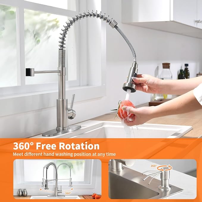 Kitchen Sink Faucet with Soap Dispenser, Kitchen Faucet with Pull Down Sprayer Stainless Steel Single Handle High Arc Pull Out Brushed Nickel Faucet for Bar Laundry RV Utility Sink