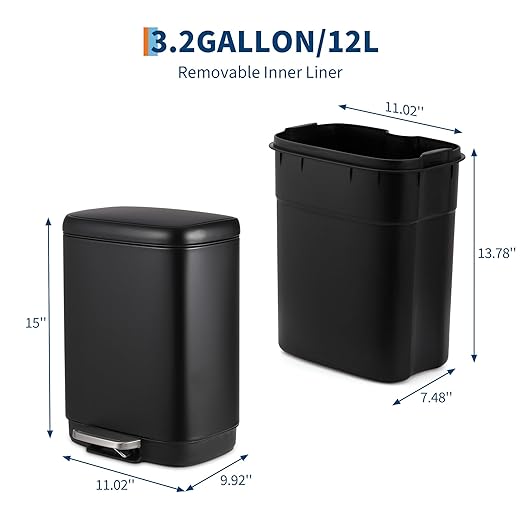 12L Bathroom Trash Can with Lid, Stainless Steel Kitchen Trash Can with Odor-Protective Lid | Hands-Free, with Foot Pedal and Trash Bag Ring, Removable Inner Bin, Suitable for Bathrooms, Black