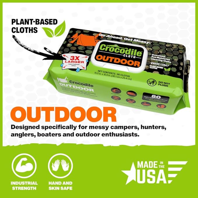 Crocodile Cloth Outdoor Cleaning Wipes, Plant-Based Multi-Surface Wipes, Pre-Moistened, Aloe & Vitamin E, Safe on Skin, 640 Count (8 Packs of 80), 15 x 10 Inch