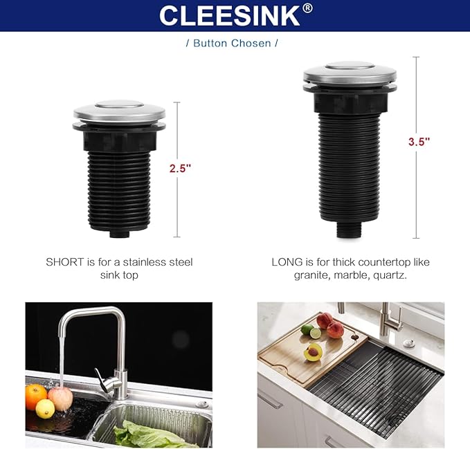 Garbage Disposal Switch, Cordless Air On Off Kit for Food Waste Disposer, Stainless Steel Brushed Nickel, SHORT 2.5" Sink Top Push Button by CLEESINK