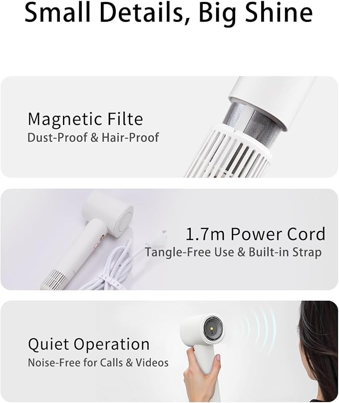 Hair Dryer, High-Speed Ionic Low Noise Blow Dryer with Brushless Motor for Fast Drying for Home Travel Salon