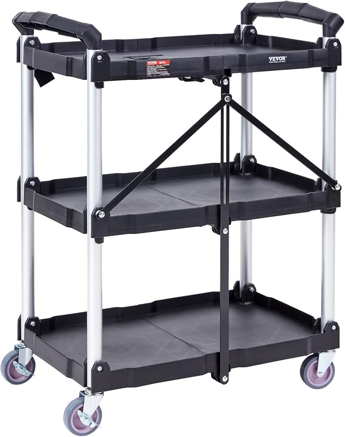 VEVOR Foldable Utility Service Cart, 165LBS 3 Shelf Heavy Duty Plastic Rolling Cart with 360° Swivel Wheels (2 with Brakes), Ergonomic Handle, Portable Garage Tool Cart for Warehouse Office Home
