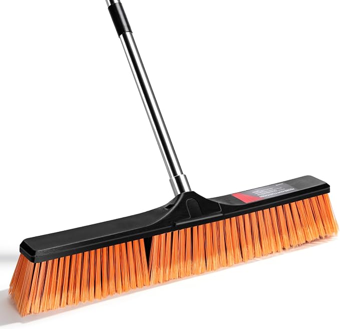 MASTERTOP 24" Heavy Duty Push Broom with Ultra-Sturdy Adjustable Handle, 6-Layer Stiff Bristles Garden Yard Broom, Outdoor Sweeping Brush for Garage, Patio, Driveway, Warehouse, Deck, Tile & Concrete