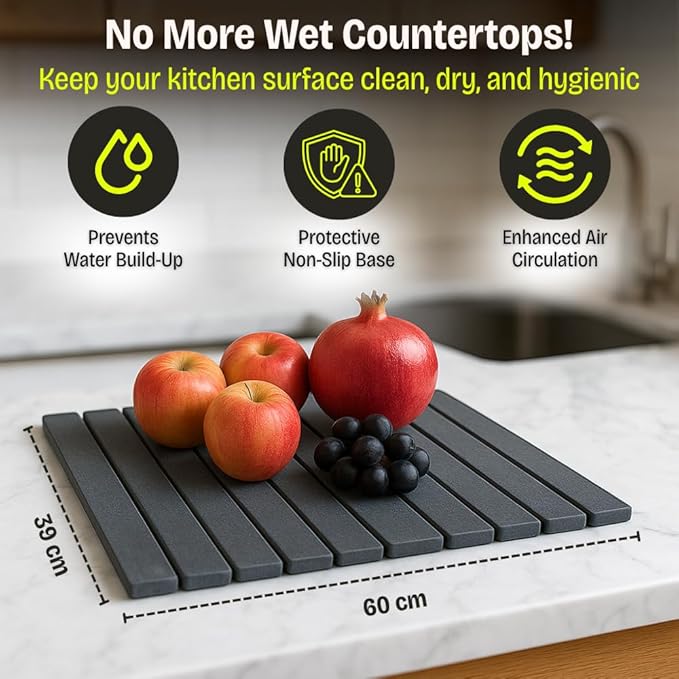 Stone Dish Drying Mat for Kitchen Counter, Large Quick Dry Diatomaceous Earth Stone Drying Mat, Foldable Water Absorbent Dish Drying Mat for Dishes, Cups, Bottles, Kitchen Sink & Countertop (Grey )