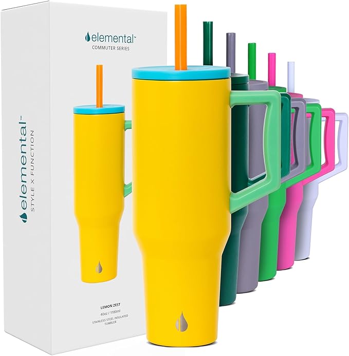 Elemental 40 oz Tumbler with Handle and Straw - Spill Proof Insulated Stainless Steel Commuter for Cold Beverages - Travel Coffee Mug with 2 Straws & Spill Proof Lid - 40oz - Lemon Zest