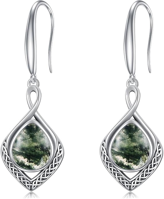 PELOVNY Celtic Knot Filigree Earrings for Women 925 Sterling Silver Moss Agate/Birthstone Infinity Earrings Birthday Christmas Jewelry Gifts for Mom Daughter Wife Sister