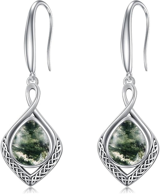 PELOVNY Celtic Knot Filigree Earrings for Women 925 Sterling Silver Moss Agate/Birthstone Infinity Earrings Birthday Christmas Jewelry Gifts for Mom Daughter Wife Sister