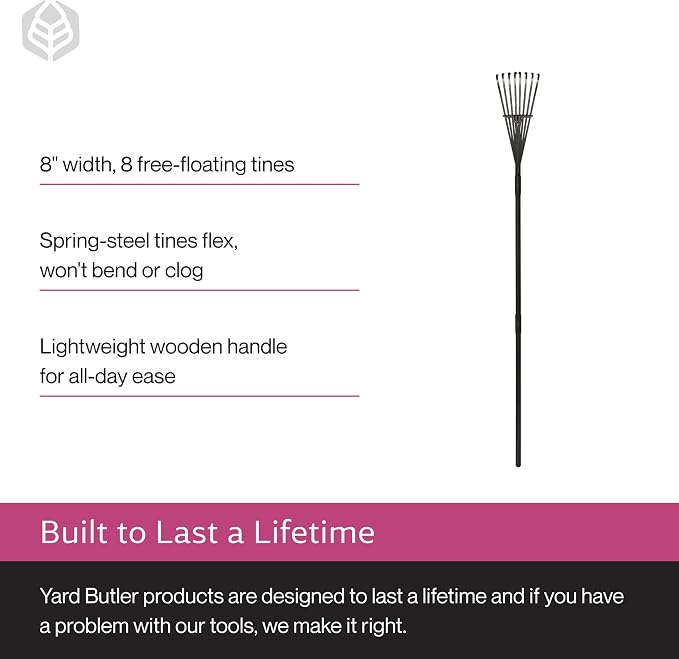 Yard Butler ILT-8 World’s Greatest Rake 8” Wide Shrub Rake Garden Rake for Lawncare - Convenient Garden Cleaning Accessory - Lightweight Wooden Handle - Steel Tines - Easy to Maneuver
