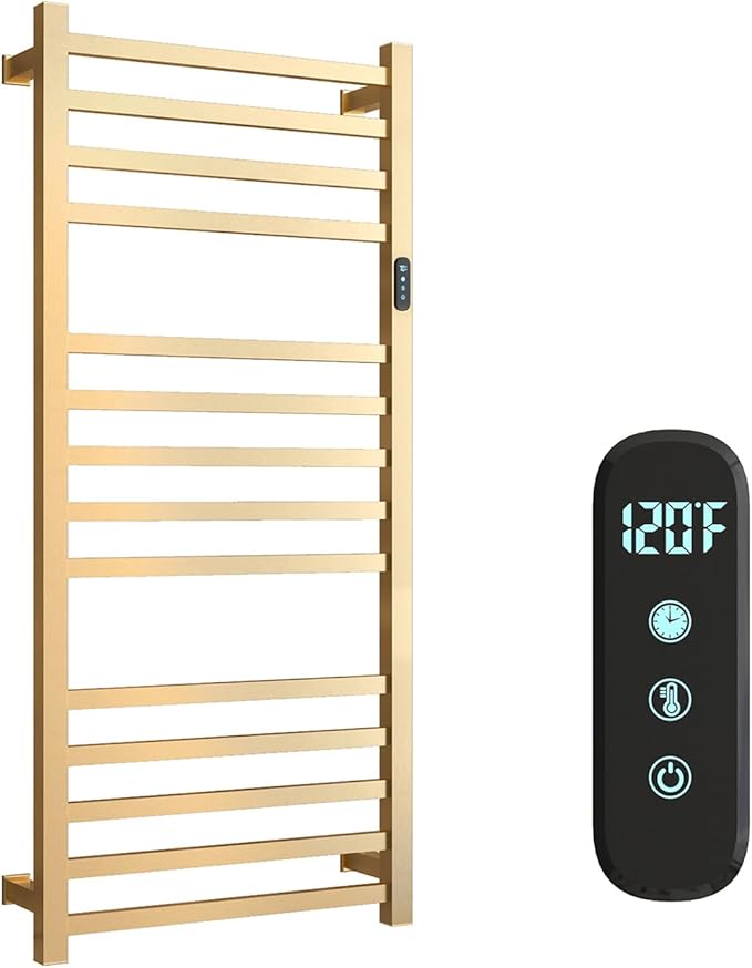 Luxury Heated Towel Rack Wall Mounted Towel Warmers, 14 Bars Towel Warmer Rack for Bathroom with Timer & Temperature Multi-Level Adjustable, Hardwired and Plug-in Compatible (Brushed Gold)