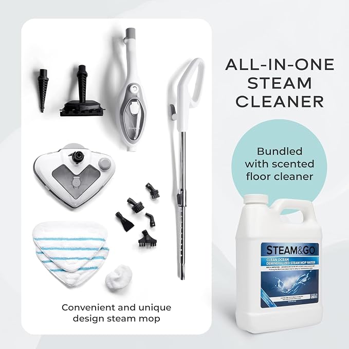 Steam & Go - The Housekeeper Steam Cleaner For Floors & Demineralized Water Bundle, 10-in-1 Hard Floor Cleaner Machine & Grout Steam Cleaner with Floor Cleaning Solution, Clean Ocean, 32 oz
