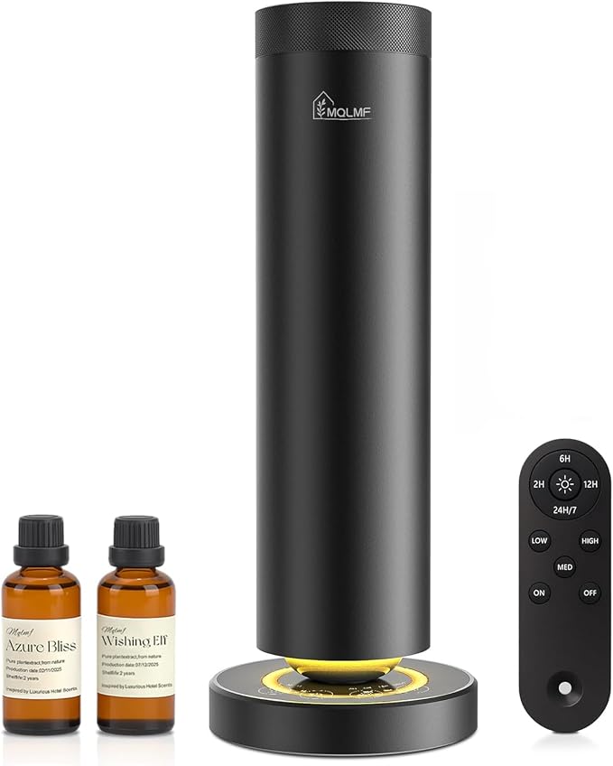 Waterless Diffuser,1500 Sq Ft,USB Plug-in & Rechargeable，Ring Ambient Light,Aluminum,Remote Control&Touch Buttons,Adjustable Fragrance Intensity&Timer,Hotel Collection Scent Machine - Black