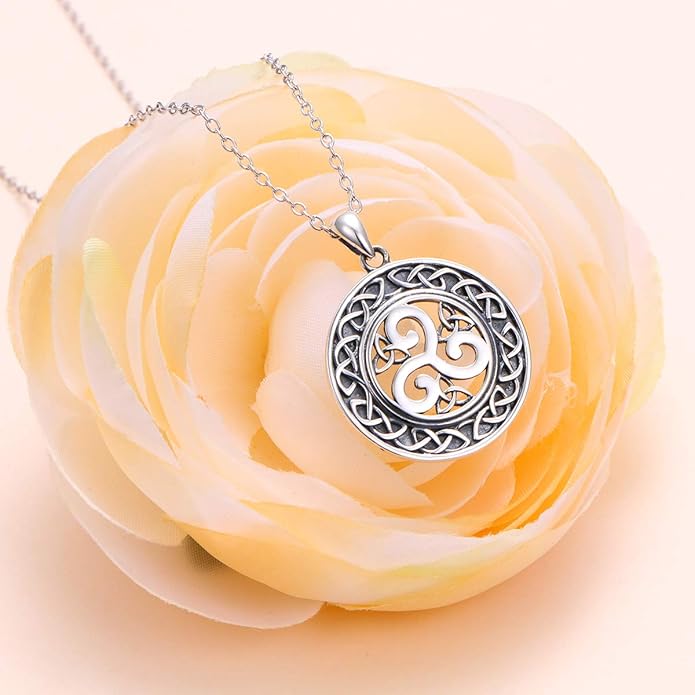 DAOCHONG 925 Sterling Silver Jewelry Oxidized Good Luck Irish Knot Celtic Medallion Round Pendant Necklace, 20 inch