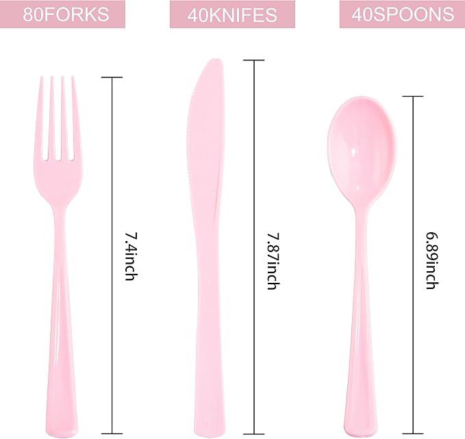 WDF 160 Piece Pink Plastic Silverware - Heavy Duty Pink Silverware Includes 80 Forks, 40 Spoons, 40 Knives, Plastic Utensils Perfect for Wedding/Party/Mother's Day