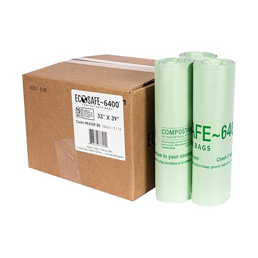 EcoSafe-6400 HB3339-85 Certified Compostable Bag - 33x39” Green Bags for 35 Gallon Bin - Extra Strong Leak, Puncture and Tear Resistant Food Scraps Bin Liners, Pack of 135