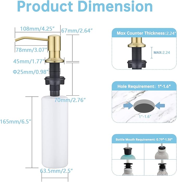 Built in Sink Soap Dispenser Brushed Champagne Gold with Long Spout for Kitchen Sink, Stainless Steel Pump Head with 17 OZ Large Capacity Bottle