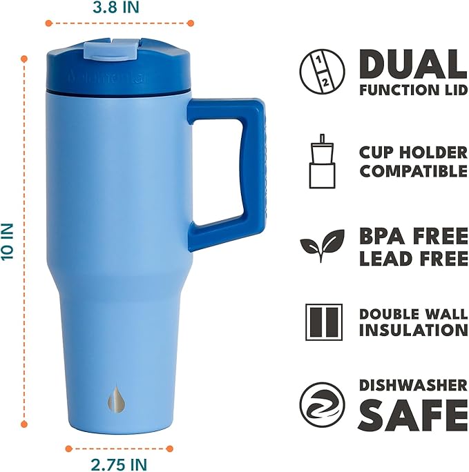 Elemental 32 oz 100% Leak Proof Tumbler with Handle & Straw - Stainless Steel Double Wall Insulated Tumbler for Hot and Cold Beverages - Travel Coffee Mug with Sip & Straw Lid - Ocean Blue