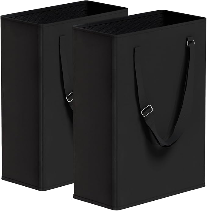 Slim Laundry Hamper with Adjustable Long Handles, 45L Small Laundry Baskets with Mesh Top, Narrow Dirty Clothes Hamper for Bedroom, Closet, and Bathroom - Black, 2 Packs